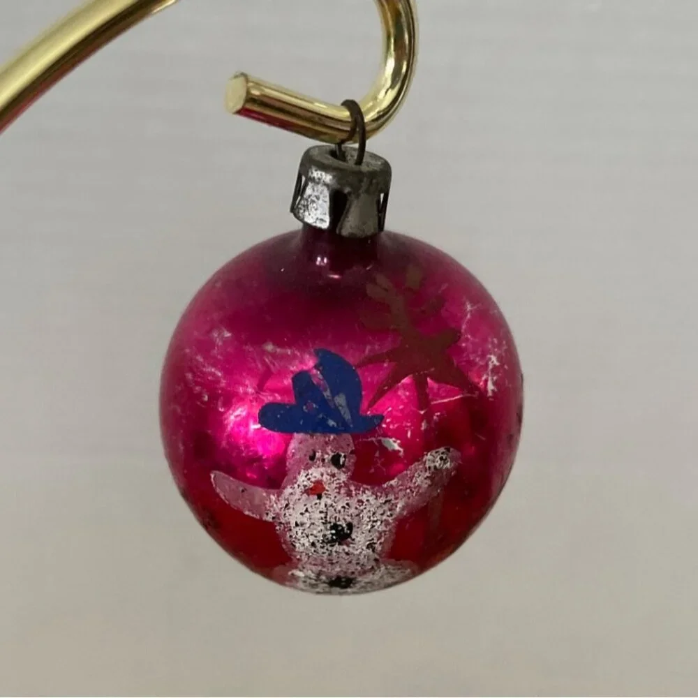 Vtg Shiny Brite Glass Christmas Ornaments Set Of 2 w Snowman And Striped Designs